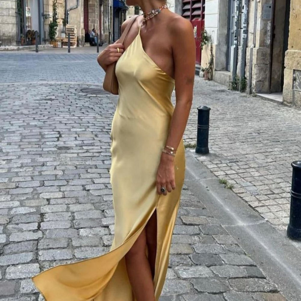 Yellow Open Back Satin Slit Long Dress